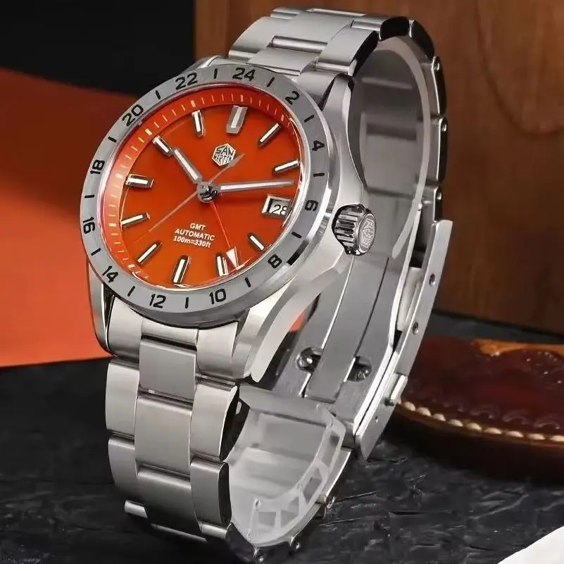 San Martin Men Automatic Watch 39mm GMT Mechanical Wristwatch Dive 100m Luminous Sapphire Mirror NH34 Red Agate Green Jade Stone