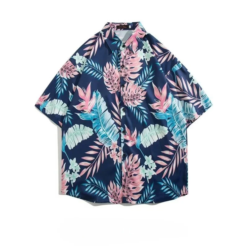 Summer Men's Retro Hawaiian Seaside Beach Printed Short Sleeve Shirt High Street Loose Casual Handsome Half Sleeve Flower Shirt
