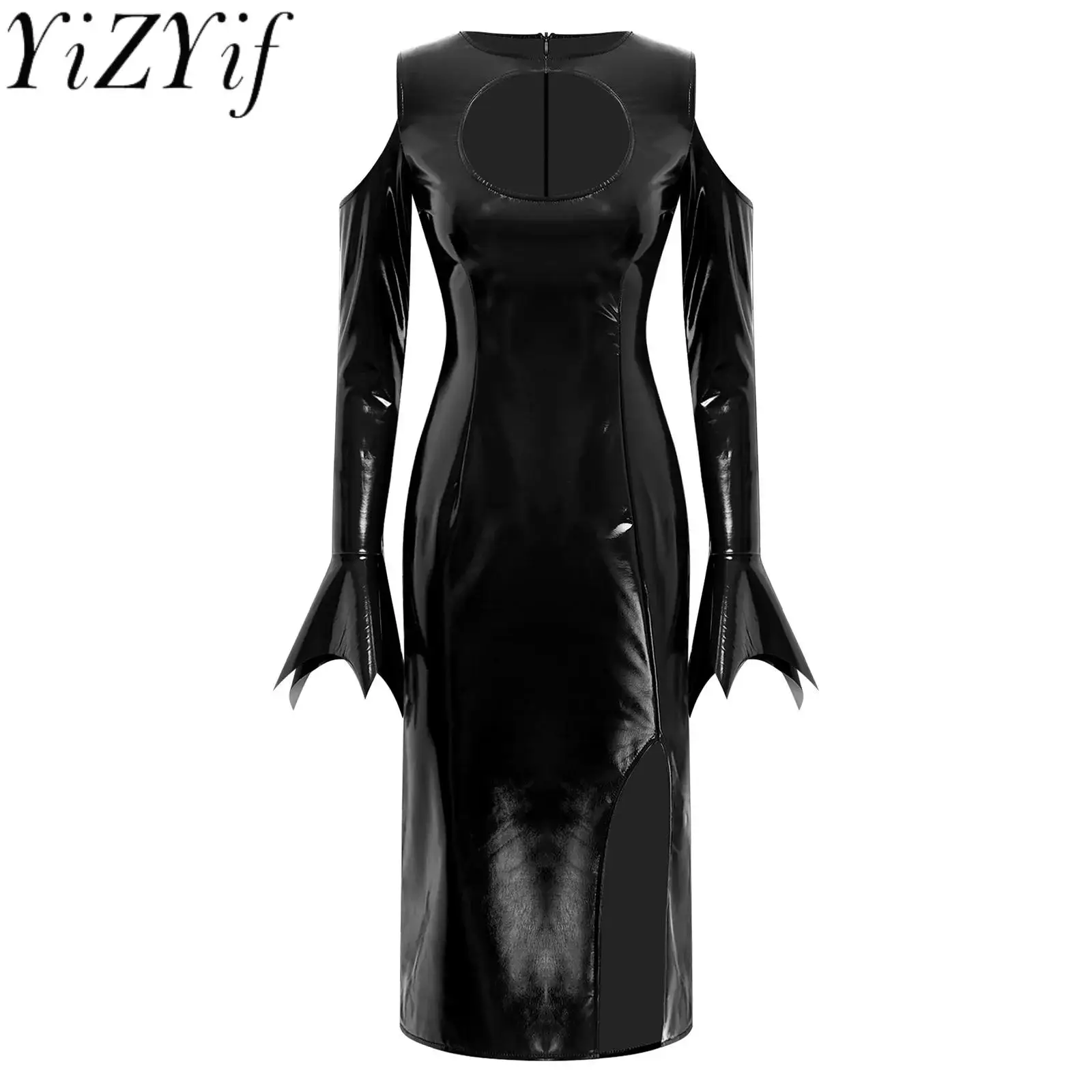 

Adult Women PU Leather Bodycon Mini Dress Sexy Cold Shoulder Hip Hugging Slim Fit Dress for Party Club Raves Dating Dress-up
