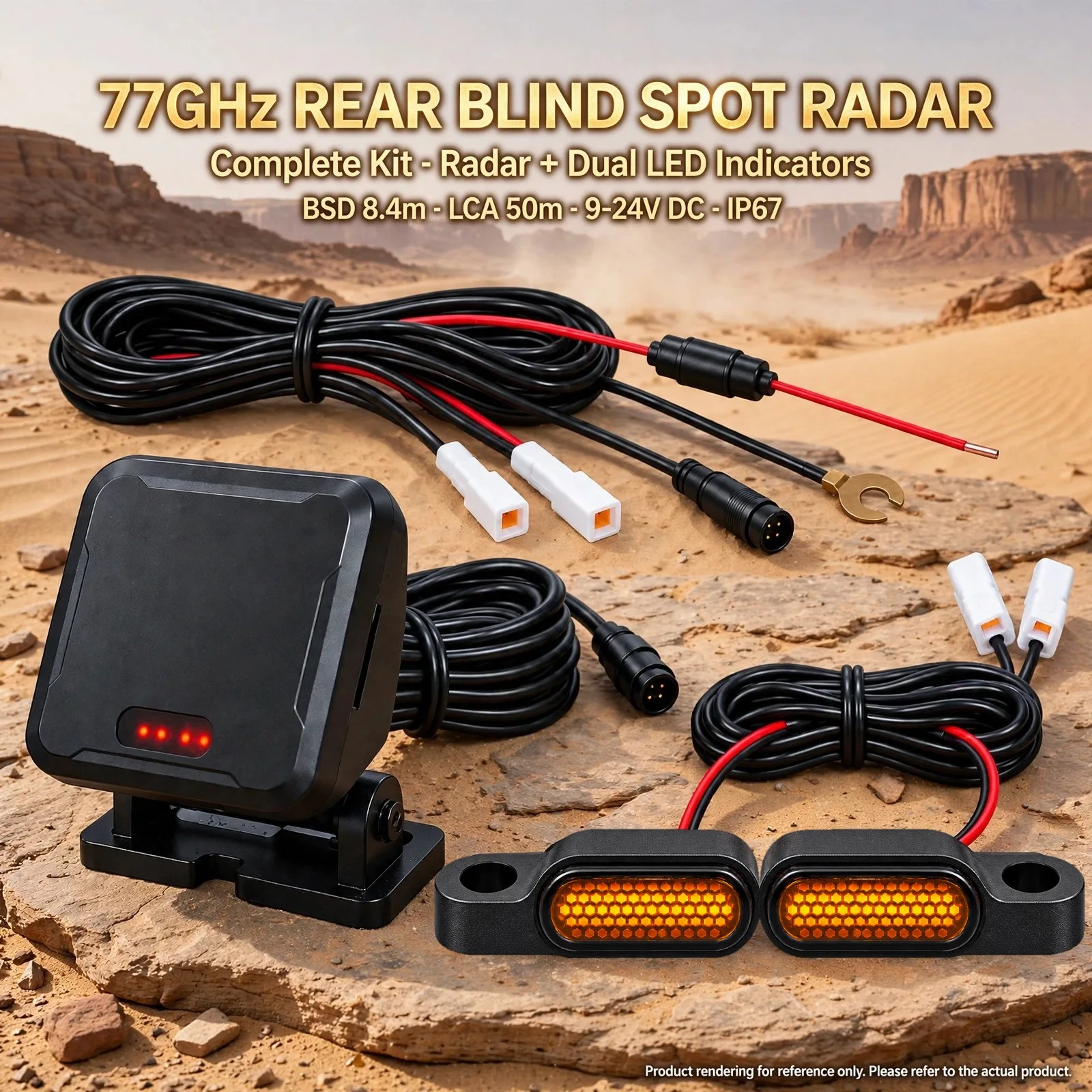 77GHz Motorcycle Rear Blind Spot Detection Radar – Dual Amber LED Alerts, 8.4m BSD Zone, 50m LCA Coverage with TTC≤5s Trigger, U