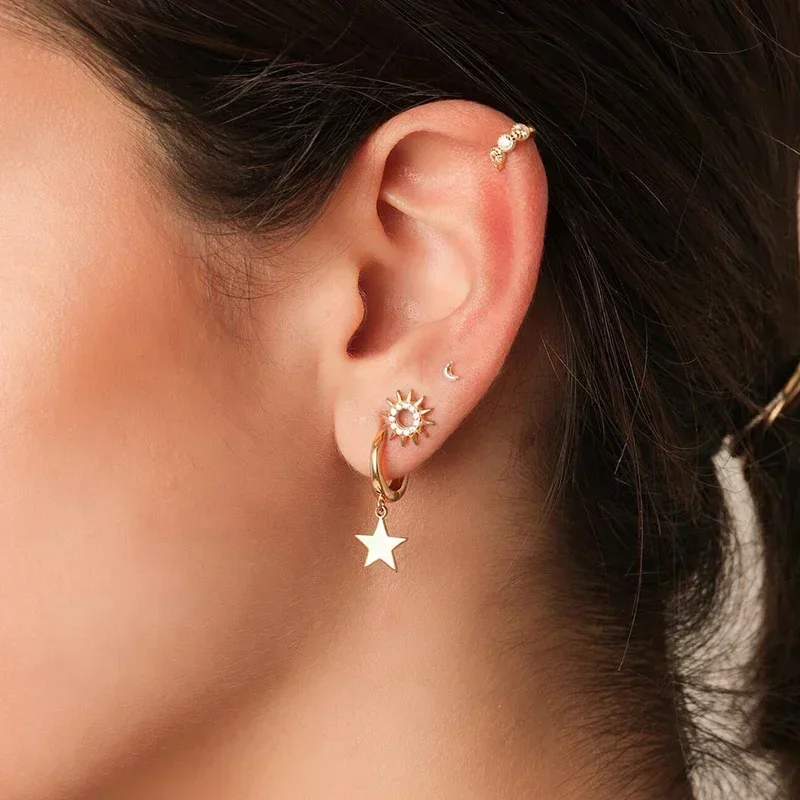 925 Silver Needle Star Hoop Earrings for Women Five-pointed Star and Moon Pendant Huggie Earrings Fashion Party Jewelry Gift