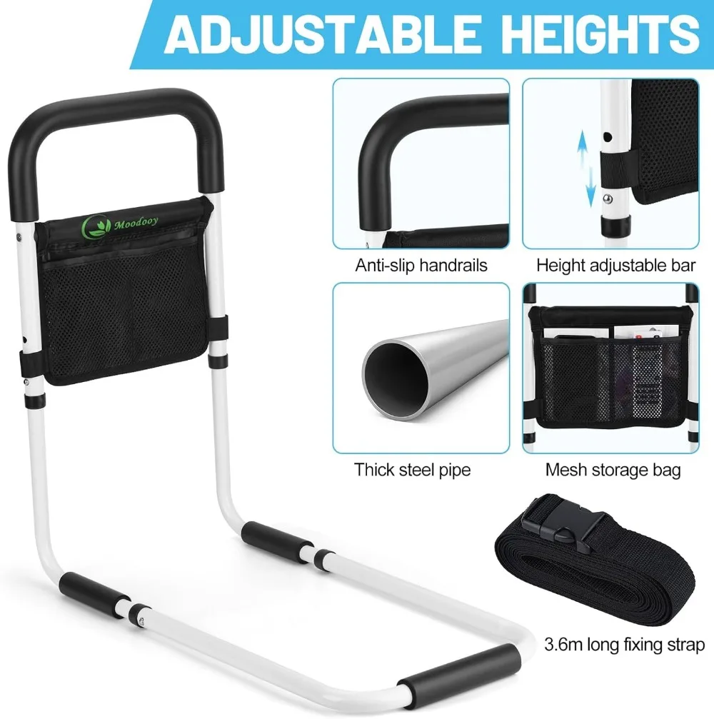 قضبان أمان للسرير قابلة للتعديل لكبار السن والكبار، مقاس كوين مع حزام، حاجز أريكة للأريكة