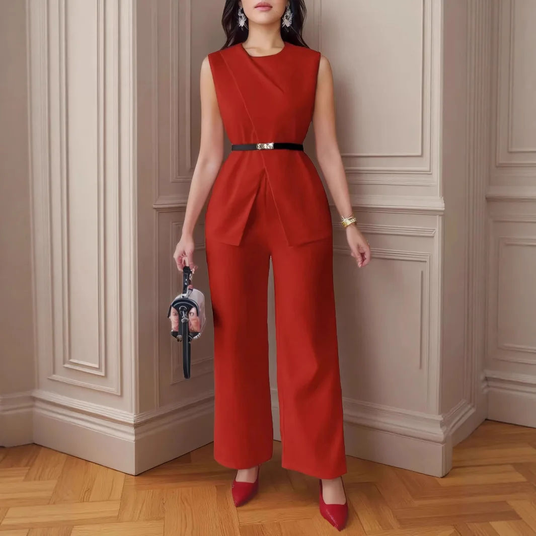 

2025 Spring and Summer New Women's Solid Color Tops Sleeveless Belt Two-piece Trousers Casual Suit