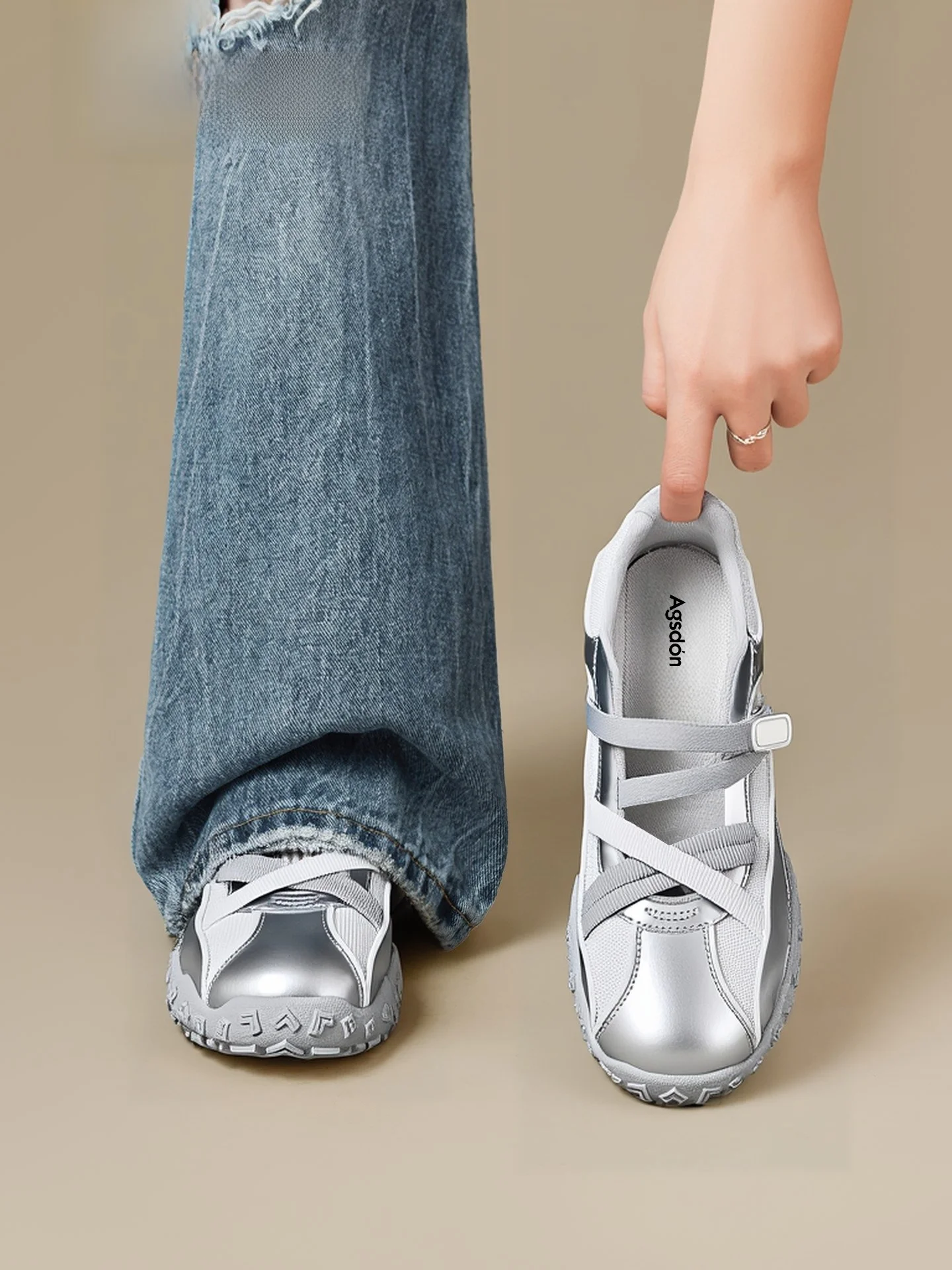 

Sporty Mary Jane Women's Shoes Breathable Silver Deoxynucleotide Ballet Flat Casual Fashion Cross Buckle Low Top Shoes