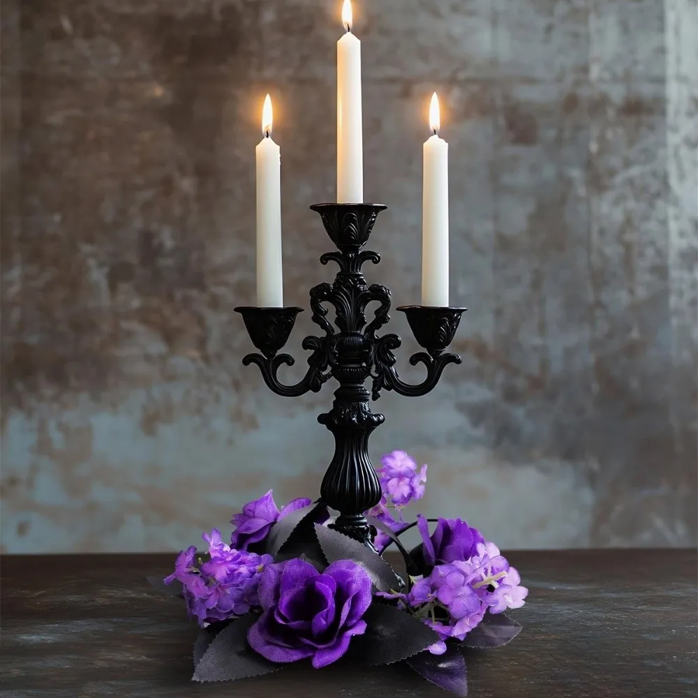 

Purple Halloween Candlestick Wreath Realistic Spooky Artificial Rose Flowers with Leaves Halloween Candle Rings Kitchen Cabinets