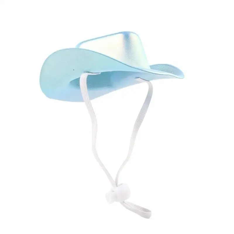 E8BD Puppy Cowboy Hat Dogs Sunbonnet with Adjustable Belt Supplies Nacreous Hat Party Hat with Belt