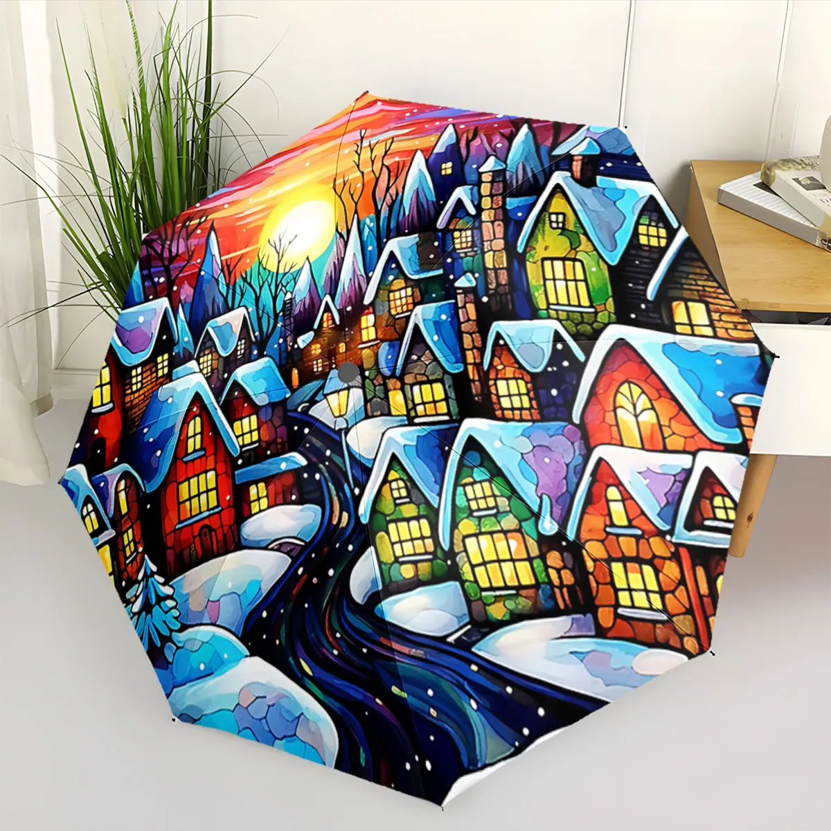 Colorful Winter Village Scene with Snowy Roofs and Sunset portable waterproof sun rain umbrella for outdoor travel beach