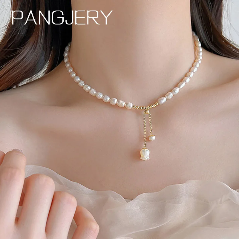 PANGJERY Lily of the Valley Pearl Necklace for Women Simple Creative Fashion Beaded Clavicle Chain Birthday Party Jewelry Gifts