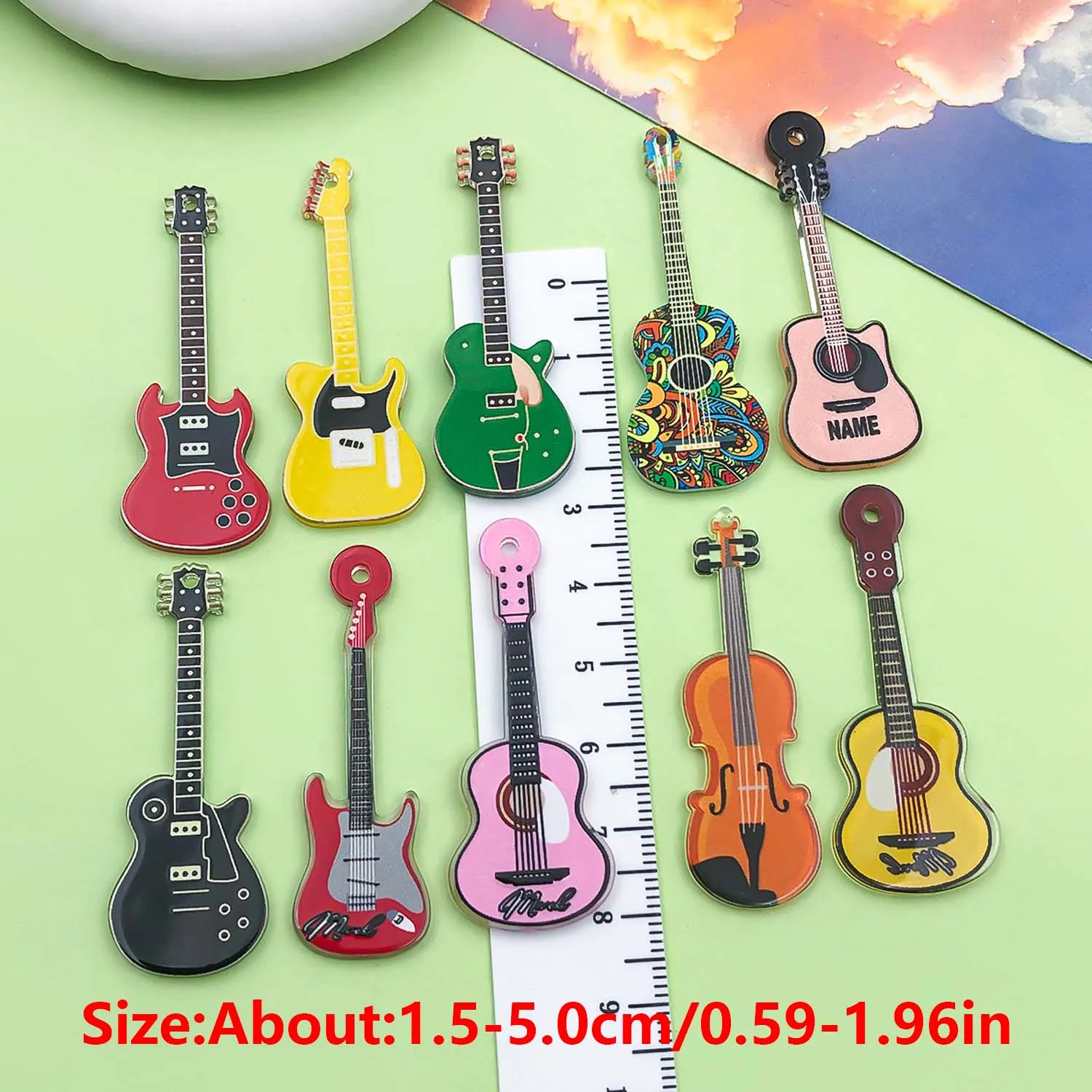 10pcs Gothic Printed Guitar Charms Acrylic Hip-Hop Musical instruments Pendants for DIY Jewelry Making Accessories