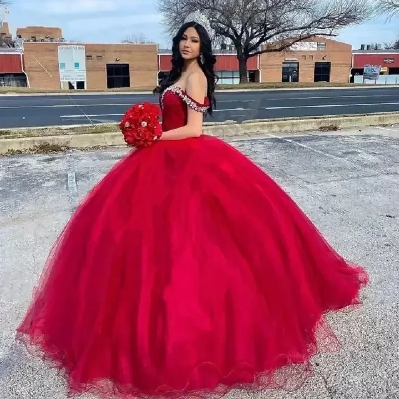 Vestido De baile rojo Vintage para quinceañera, vestido De princesa, cristal brillante, hombros descubiertos, fiesta De cumpleaños, 15 años