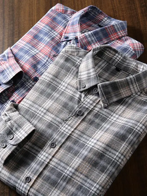 

Men's Cotton Flannel Long Sve irt Comfortable Touch Faionable Plaid Casual Versatile Collared Autumn Winter Clothing