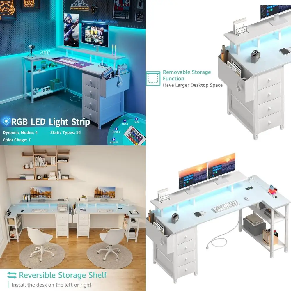 

Белый L-образный стол 55 дюймов с тканевыми ящиками, угловой офисный стол с подставкой для монитора, светодиодной подсветкой и розетками для домашнего кабинета/игровой комнаты