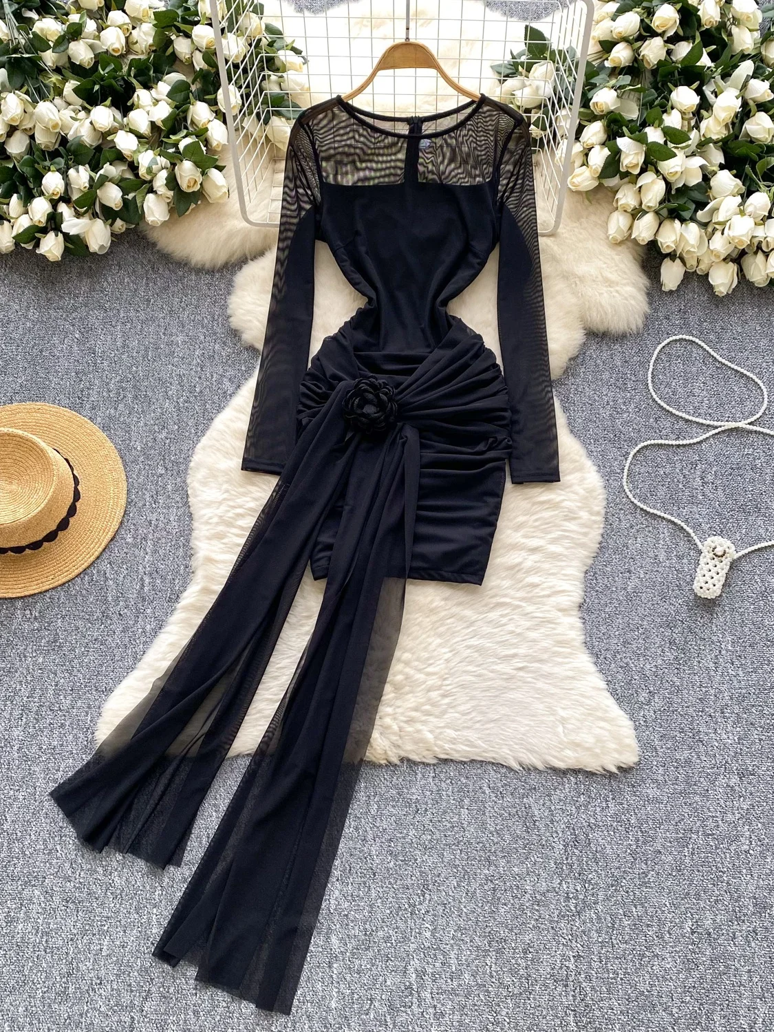 

Elegant Long Sleeve Mesh Gown Women's Summer Slimming Tie Waist Short Dress Korean Style High Waist A-Line Skirt