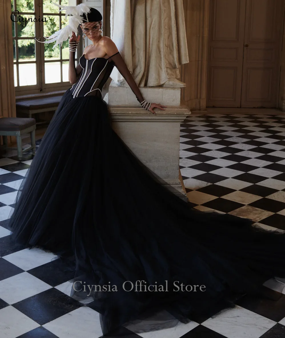 Sukienki wieczorowe Ciynsia z odkrytymi ramionami, czarne, z długim rękawem, zdobione perłami, linia A, tiulowe suknie balowe, seksowne sukienki formalne z odkrytymi plecami, kolekcja 2026