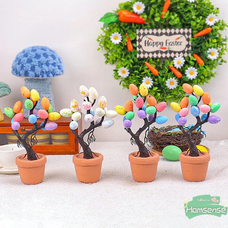 2PCS Tabletop Easter Egg Tree Bonsai, 9in Colorful Foam Easter Eggs Potted Plant Decorative Easter Tree Table Centerpiece