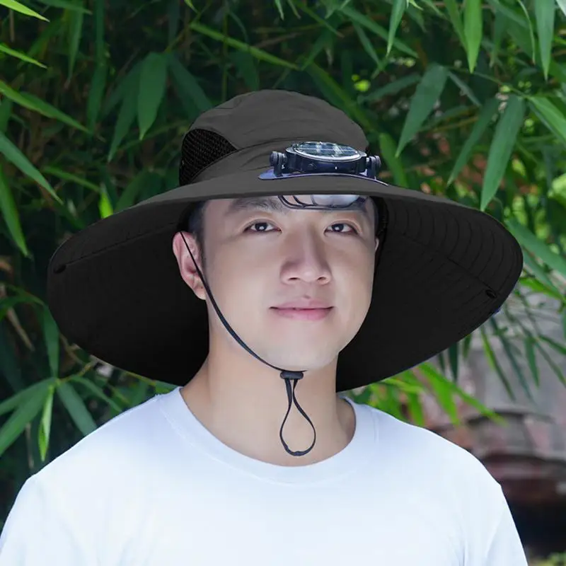 Summer Outdoor Men Large Brim Sun Hat Sunscreen Hiking Fishing Cap Solar-powered Rechargeable Large Wind Fan Fisherman Hat