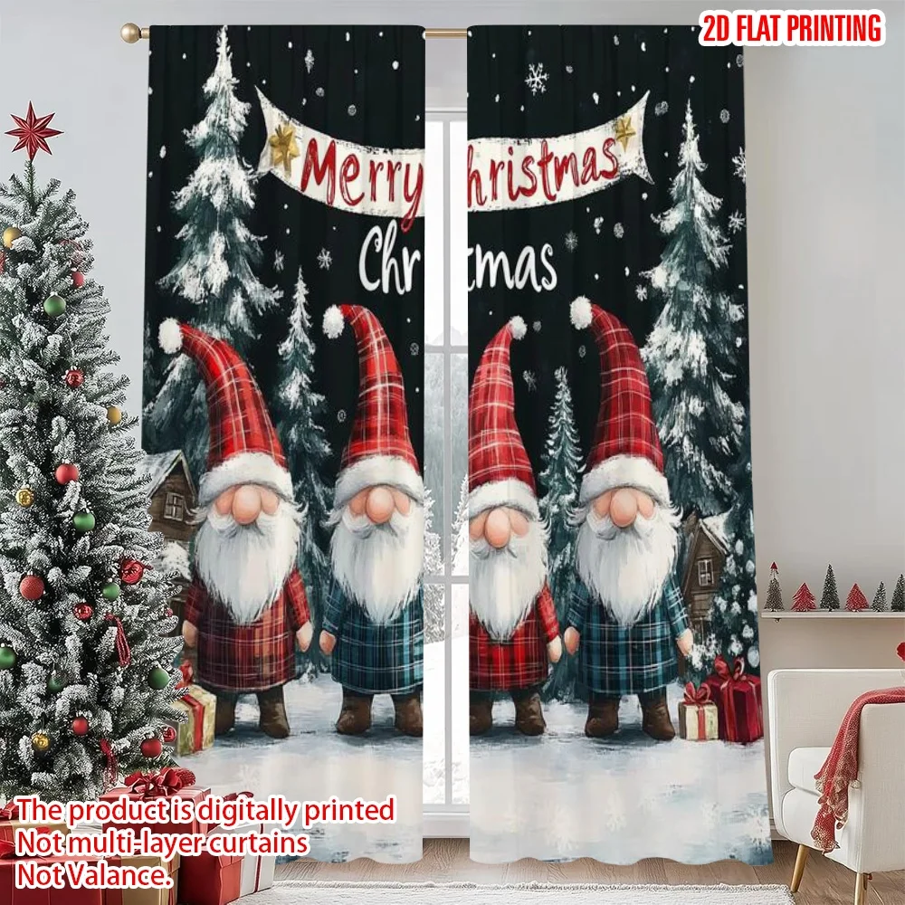 

2pcs 2D flat printing Merry Christmas Popular Drapes Snowflakes_ Christmas trees_ pine trees and gnomes Durable Polyester