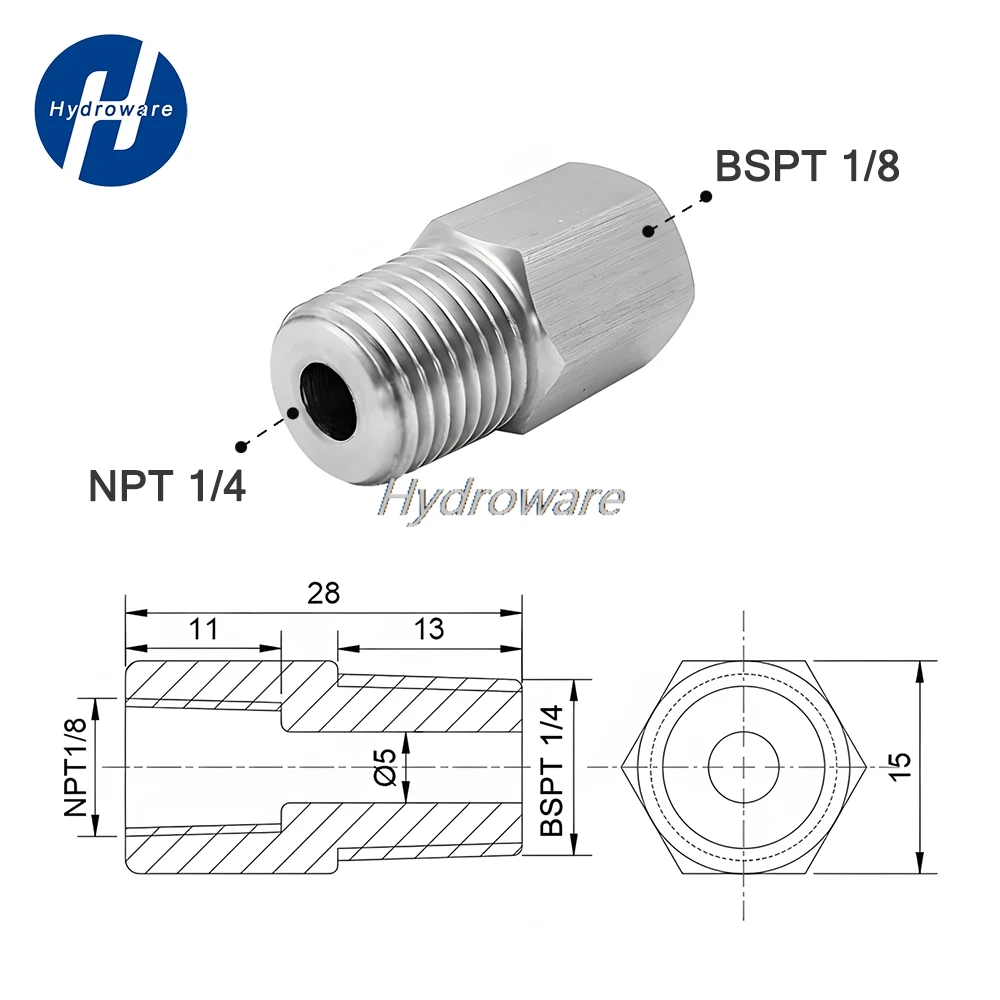 Food Grade 304 Stainless Steel NPT to BSPT Thread Reducer -  Internal 1/8