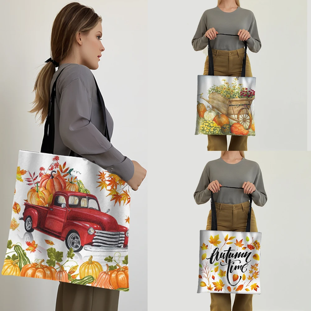 Thanksgiving Day Print Tote Bags Maple Leaf Pumpkin Canvas Shoulder Bags Women Casual Totes Reusable Shopper Bag Beach Bag