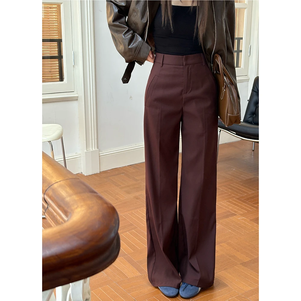 

ZHISILAO New Elegant Office Lady Brown Pants Women Vintage Casual Wide Leg Straight Trousers Autumn 2025