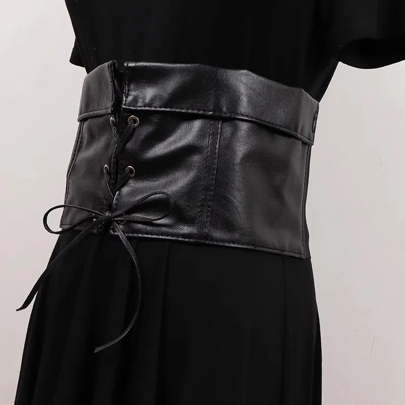 Women's Fashion Black pu Leather Elastic Cummerbunds Female Dress Corsets Waistband Belts Decoration Wide Belt R1485