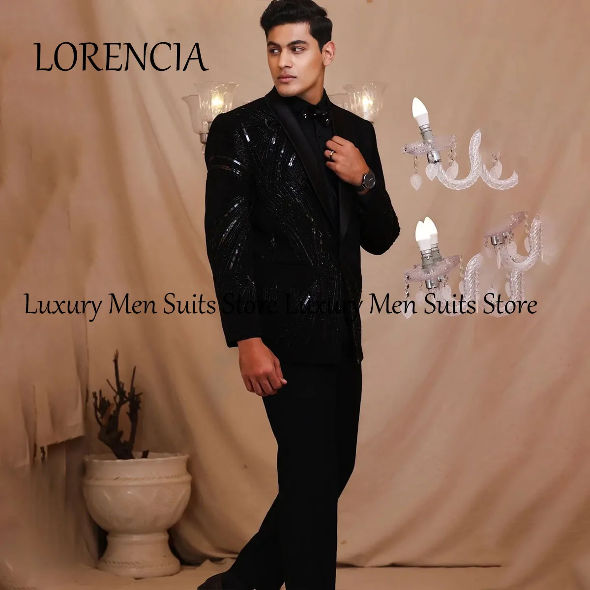 Customized Formal 2 Pieces Sets Slim Fit 2025 Beaded Men Suits Business Male Prom Party Blazers Outfits Groom Tuxedos Homme