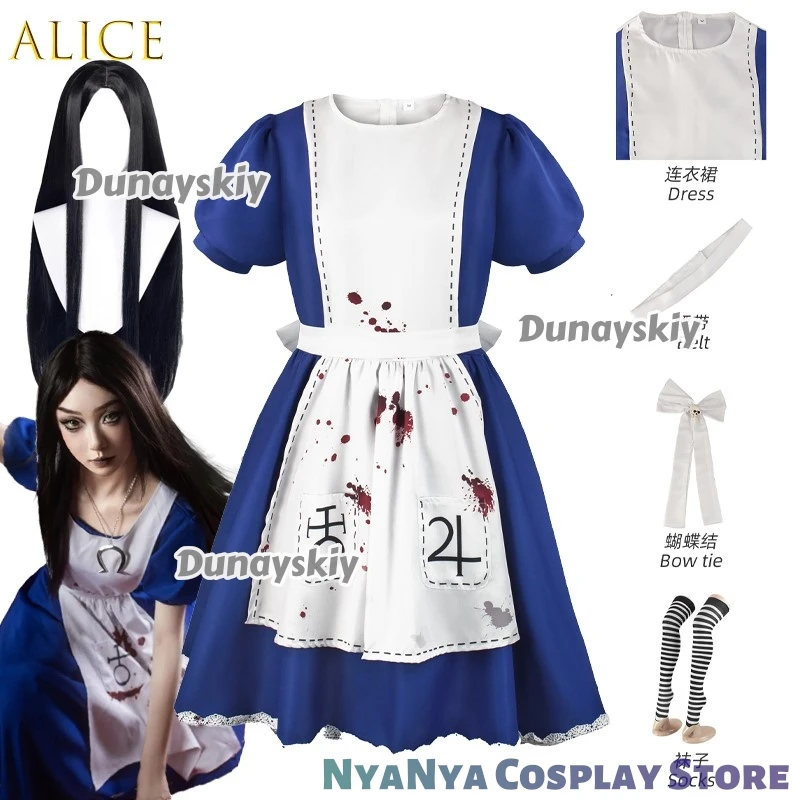 Vestido de princesa de Alicia de Anime, delantal de sirvienta, juego de locura, disfraz de Cosplay para Mujer y niña, fiesta de Halloween, Disfraz Sexy Kawaii para Mujer