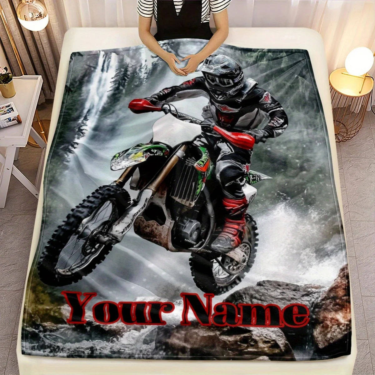 Custom Name Dirt Rider Blanket - Personalized MX Riding Action Design with Dirt & Rider - Soft Warm Flannel Fabric All-Season