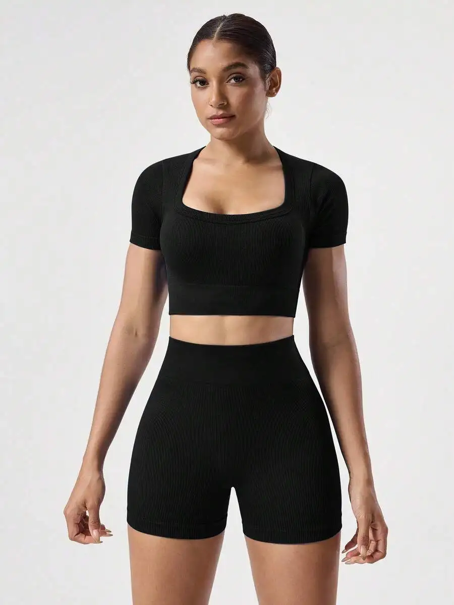 

Black Ribbed 2 Piece Activewear Set Women Crop Top And Biker Shorts