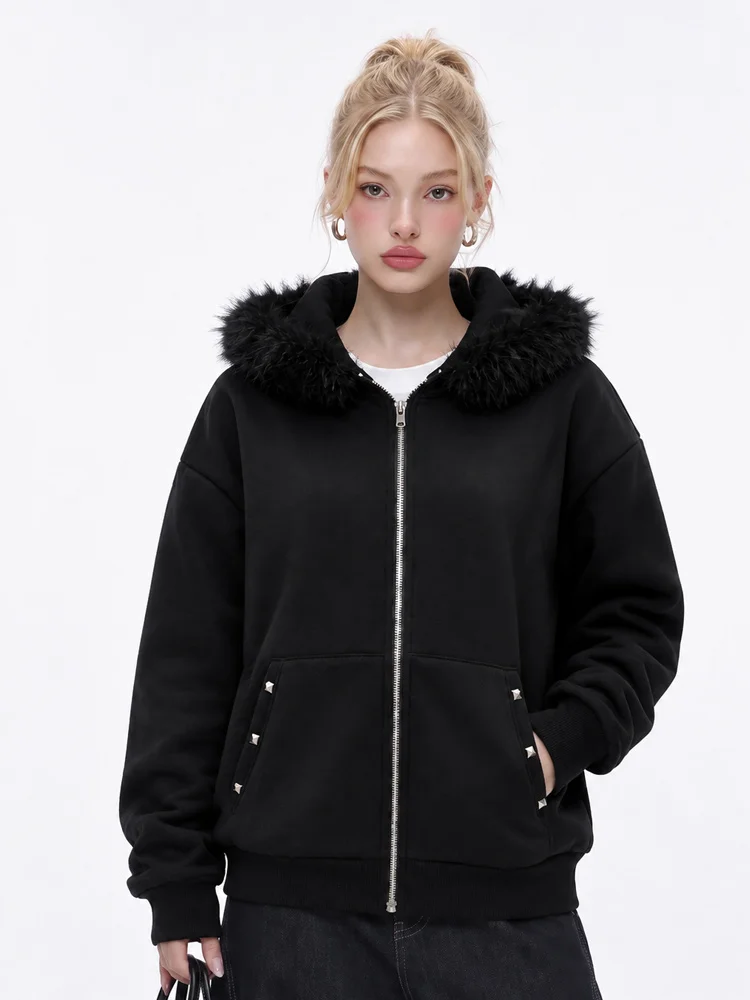 Women Oversized Zip Up Aesthetics Hoodie Winter Faux Fur Hooded Sweatshirt Y2K Streetwear Casual Warm Hoodie gallery 2