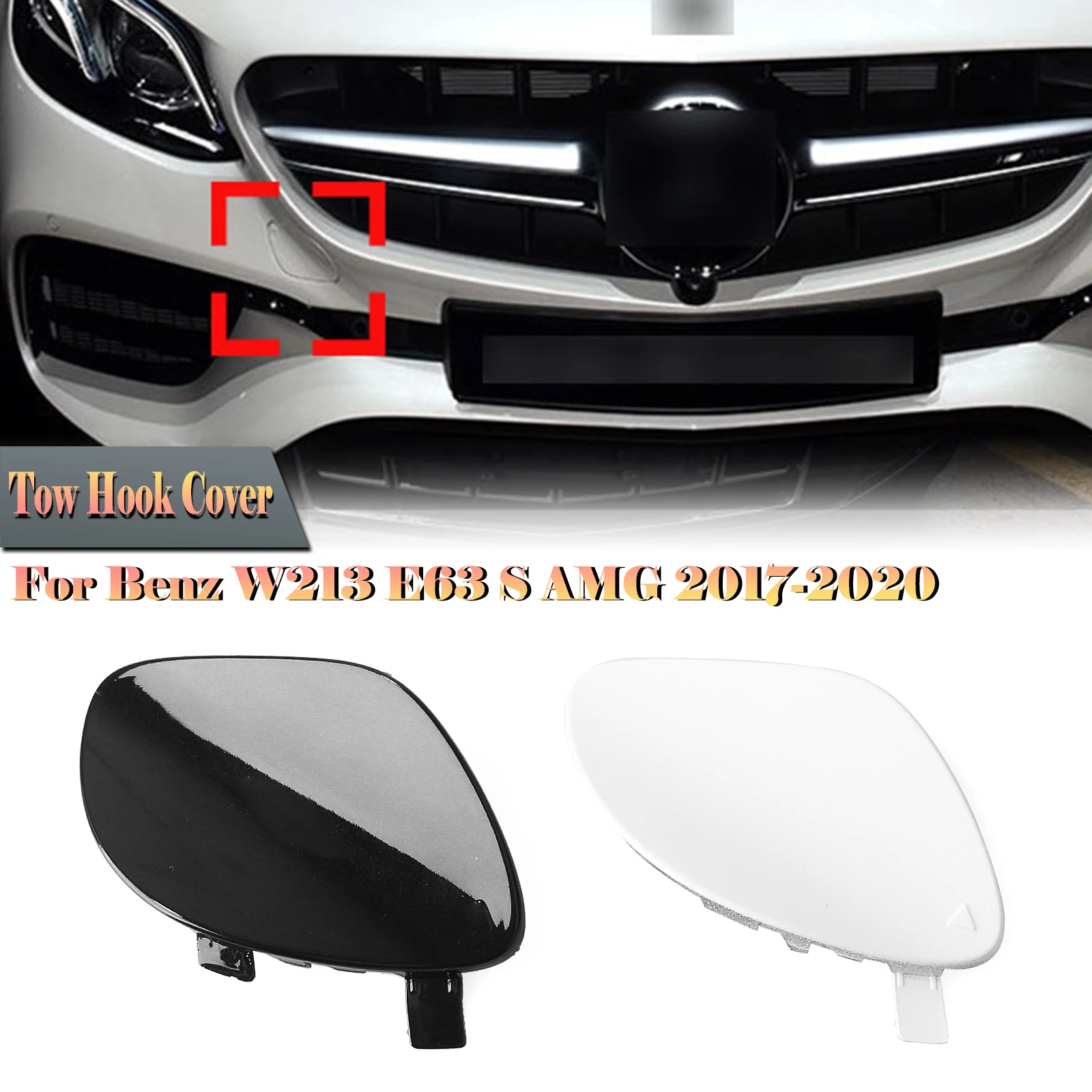 

For Mercedes-Benz E CLASS W213 E63 S AMG Only 2017-2020 White/Black Front Bumper Tow Hook Eye Cover Towing Access Trailer Cap