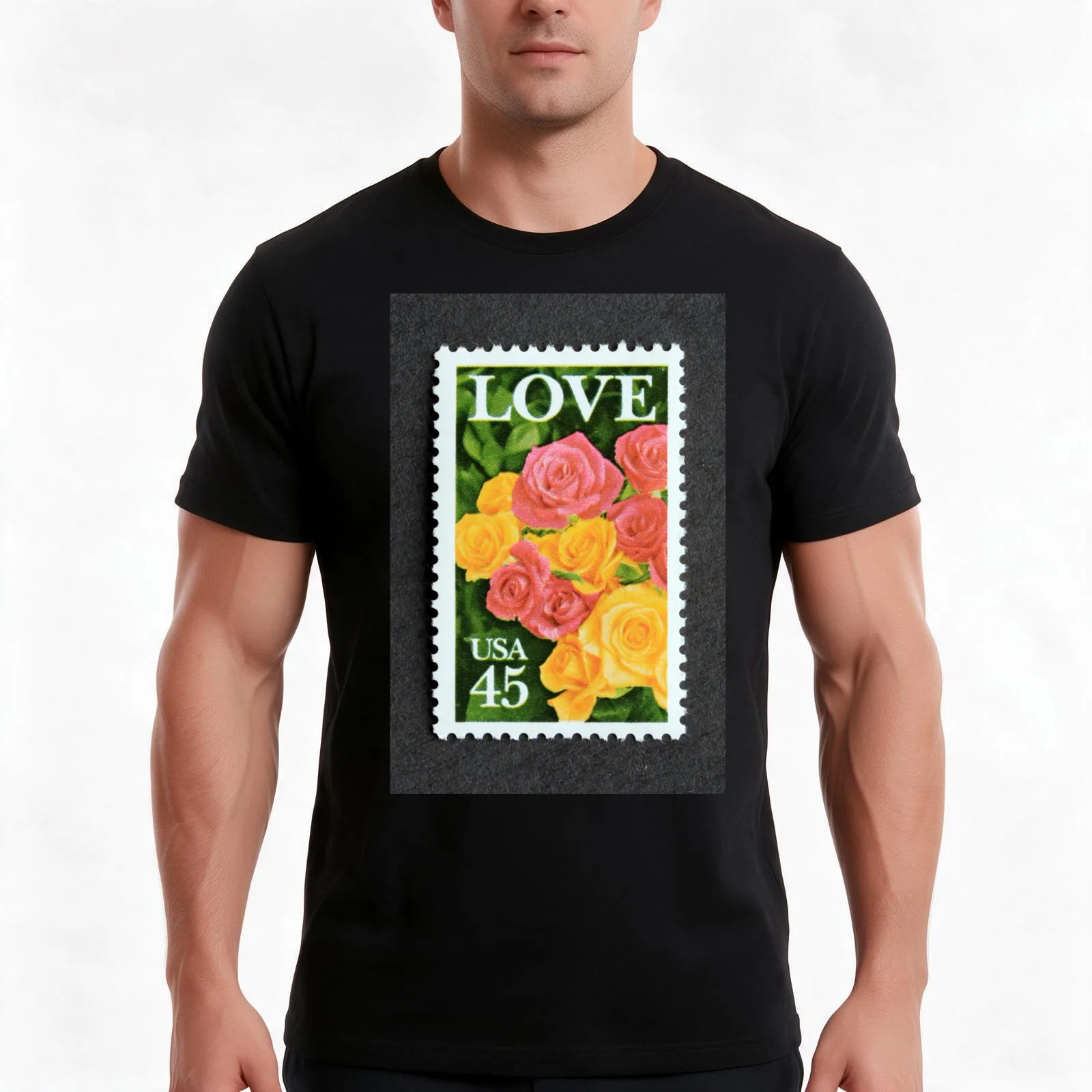 1988 45? Love Roses Postage Stamp T-Shirt, Summer Casual Cotton Tee, Oversized Streetwear Tops, Vintage Graphic Print