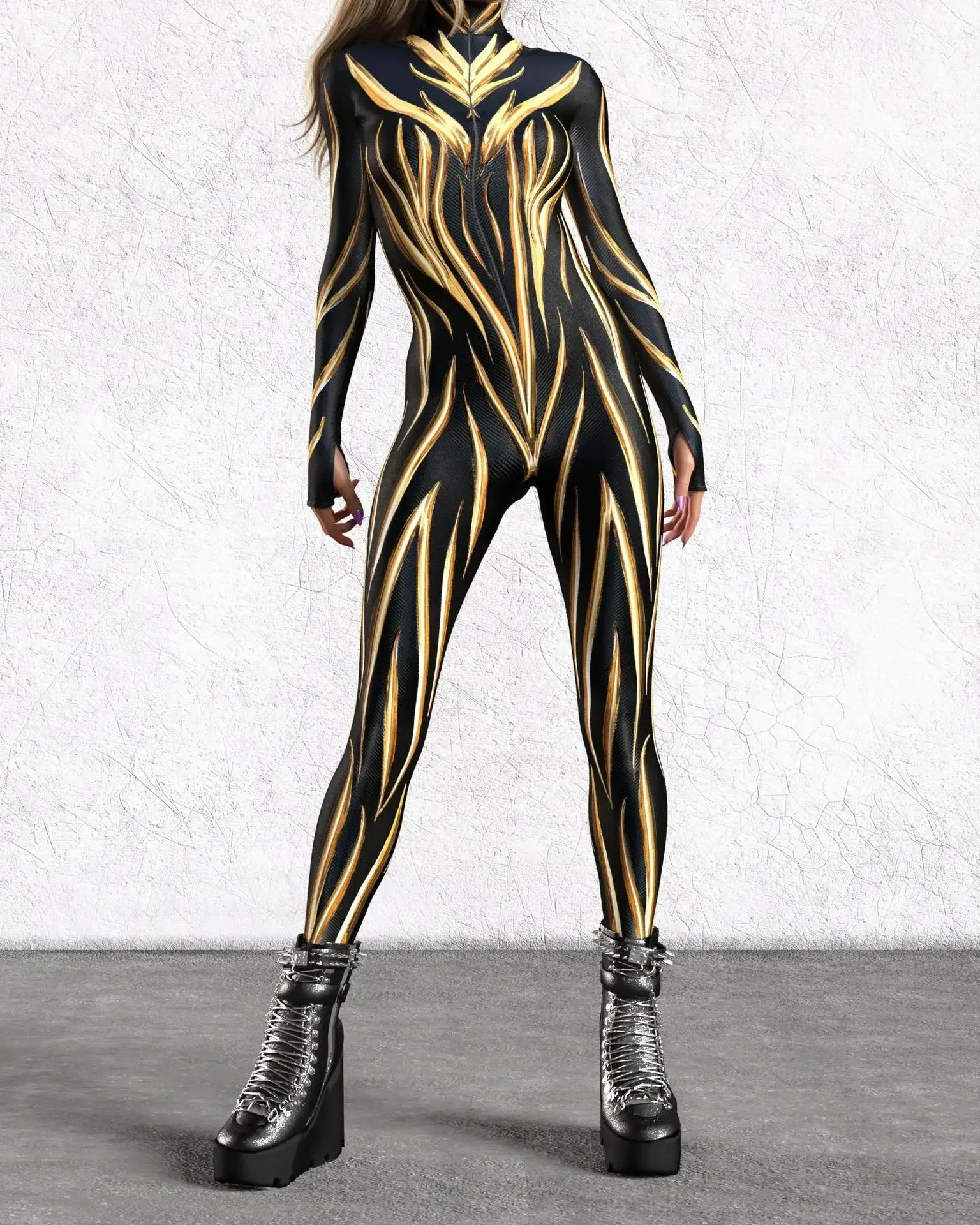クールな機械式コスプレ衣装パンク鎧プリントボディスーツパンクハロウィンパーティージャンプスーツ女性ファッションポリエステルアート全身タイツスーツ