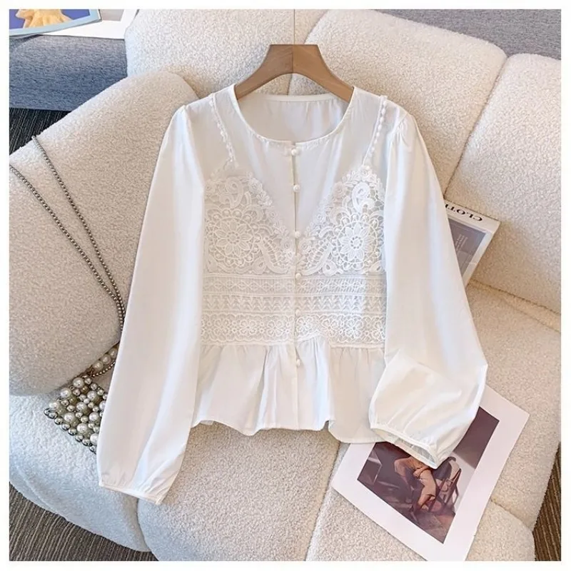 

Весенне-осенняя новая синяя рубашка из двух частей с кружевной строчкой и длинными рукавами, свободный топ в нежном стиле