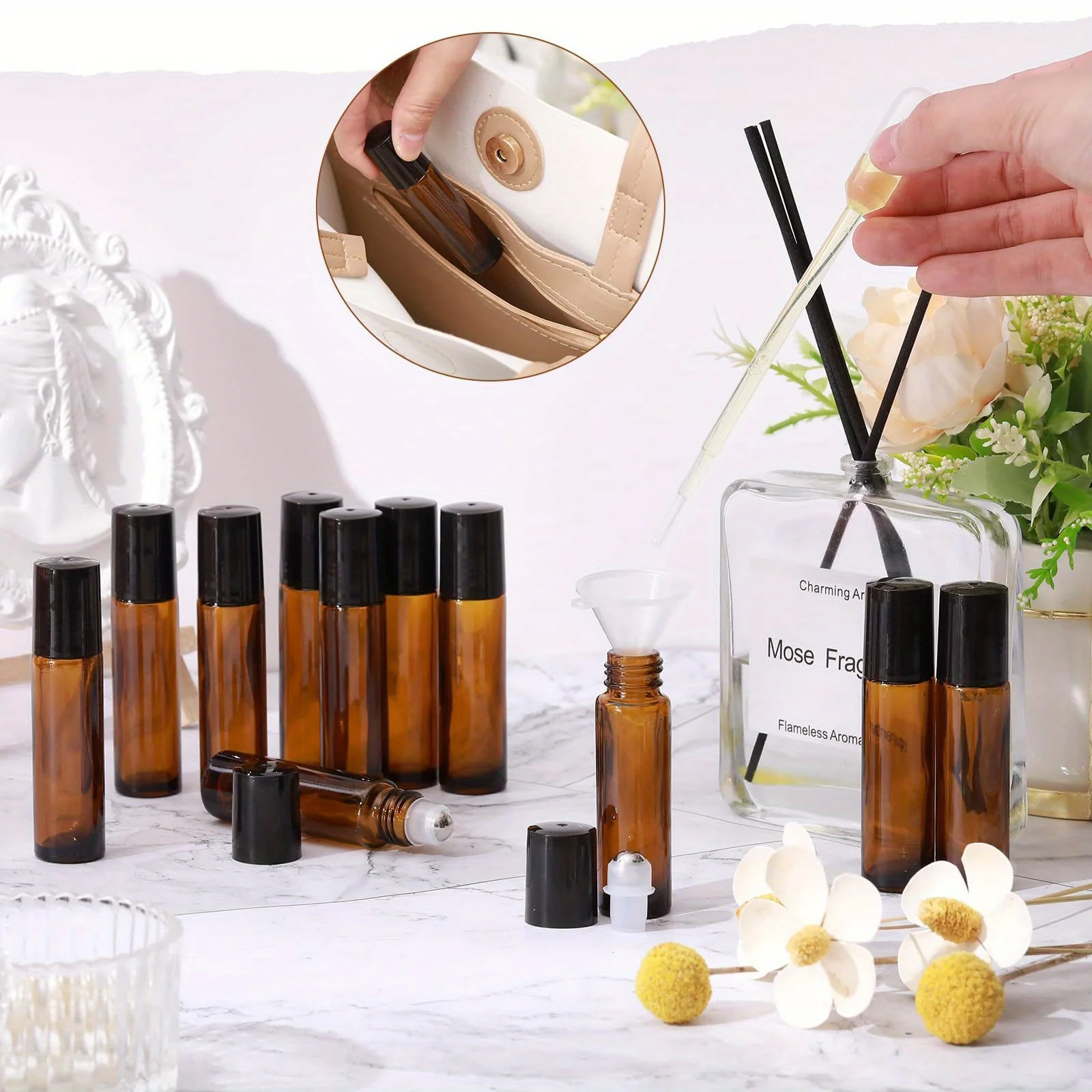 8/30 個ガラスロールオンボトル 10 ミリリットル空のエッセンシャルオイルローラーボトルステンレス鋼ボールスポイトピペットトラベルアクセサリー