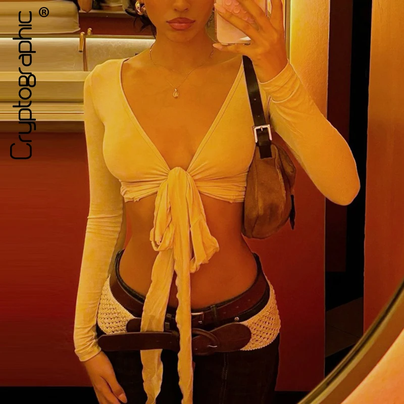 

Cryptographic Hot Sexy Tie Front Top Cardigans Outfits for Women Y2K V Neck Long Sleeve Tops Rave Festival Cropped Slim Clothes