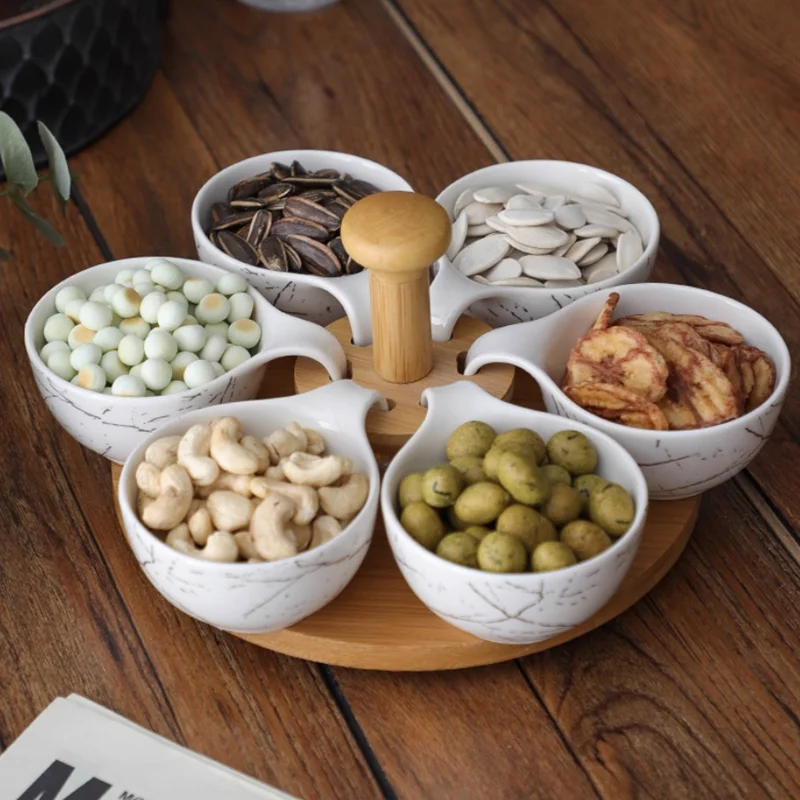 

Керамическая тарелка с 6 сетками и деревянной ручкой, блюдо для закусок, вращающаяся тарелка с фруктами с геометрической абстрактной сеткой, тарелка для приправ, миска для орехов