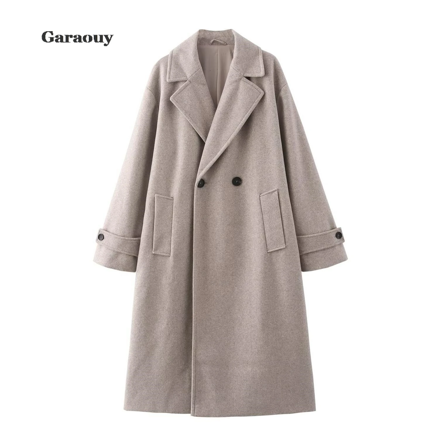 Garaouy Winter Coat For Women 2024 Solid Lapel Double Breasted Long Cardigan Top Female Pokcet Streetwear Woman New In OuterCoat