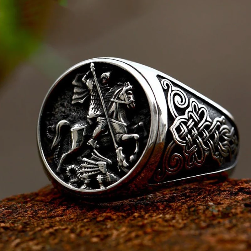 European Medieval Knight Dragon Slaying Ring Hip-hop Men's Thai Silver Retro Personalized Ring KOFSAC