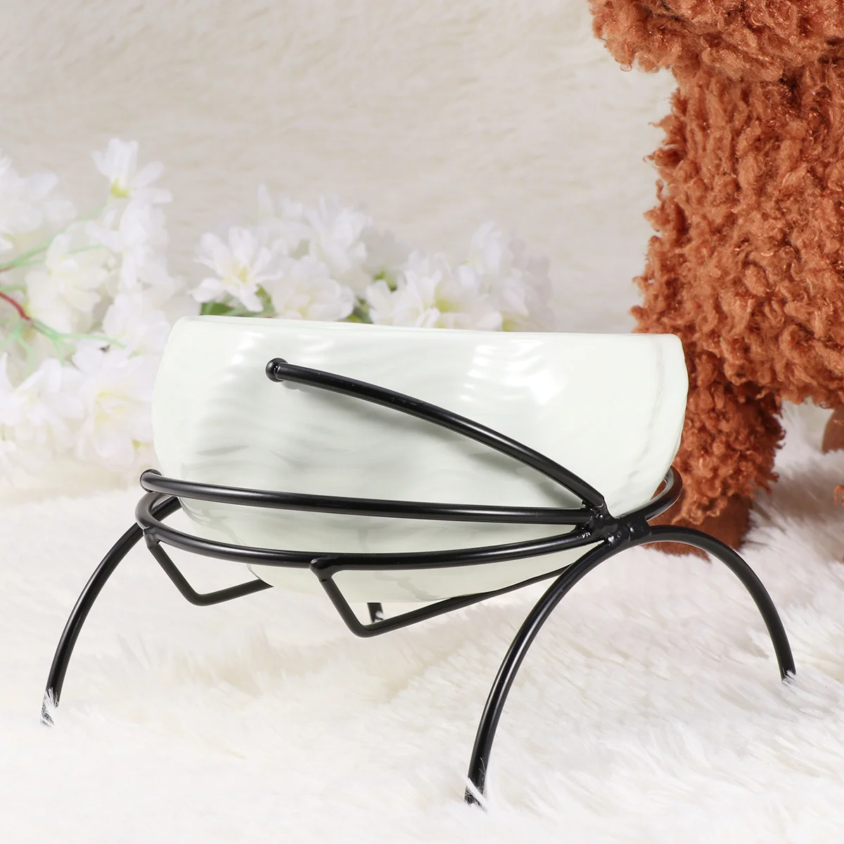 

1Set Pet Bowl Ceramic Dog Cat Feeder Smooth Easy Clean Water Impervious Iron Frame Elevated Non Slip Floor Protection Light