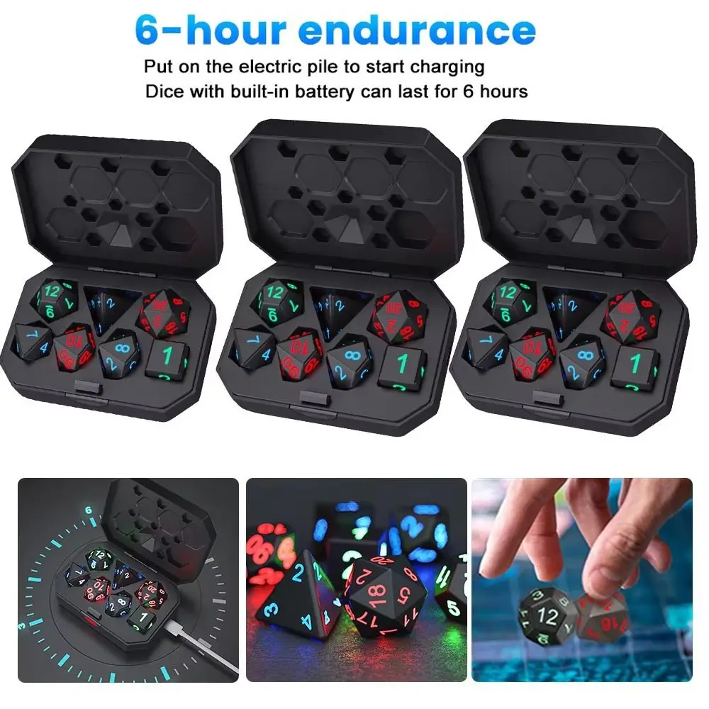 

7 шт./компл., электронные светящиеся DND светодиодные кубики, набор Dungeons and Dragons, активируемые движением, многогранные кубики, перезаряжаемые