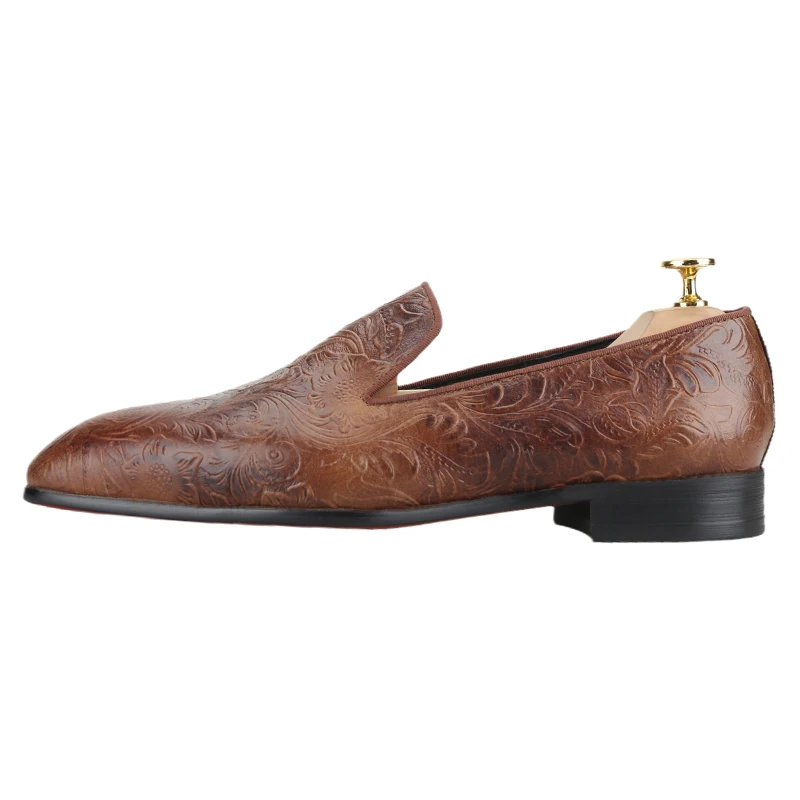 Piergitar Brown And Black Arabesque Embossed Waxed Genuine Leather Men's Loafers Handmade Slip-On Smoking Slippers Red Bottom