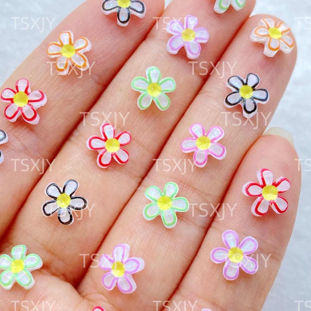 50pcs Mix Resin Mini Colorful Shining Flowers Flatback Flower Figurine Nail Art DIY Wedding Scrapbook Jewelry Crafts Accessories