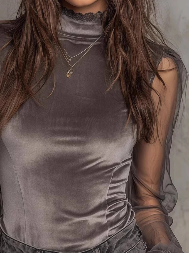 

Женская винтажная бархатная блузка, элегантная прозрачная блузка с высоким воротом и кружевной отделкой, модная повседневная новая блузка на весну и лето