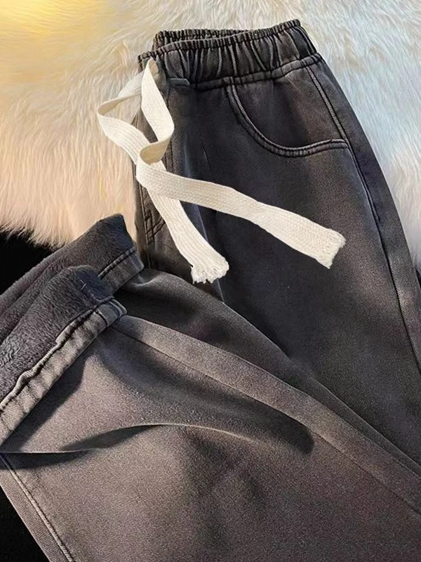 Thickened Fleece Straight Leg Jeans Women Winter New Small Size Wide Leg Cotton Elastic Waist Autumn Winter Pants view 5