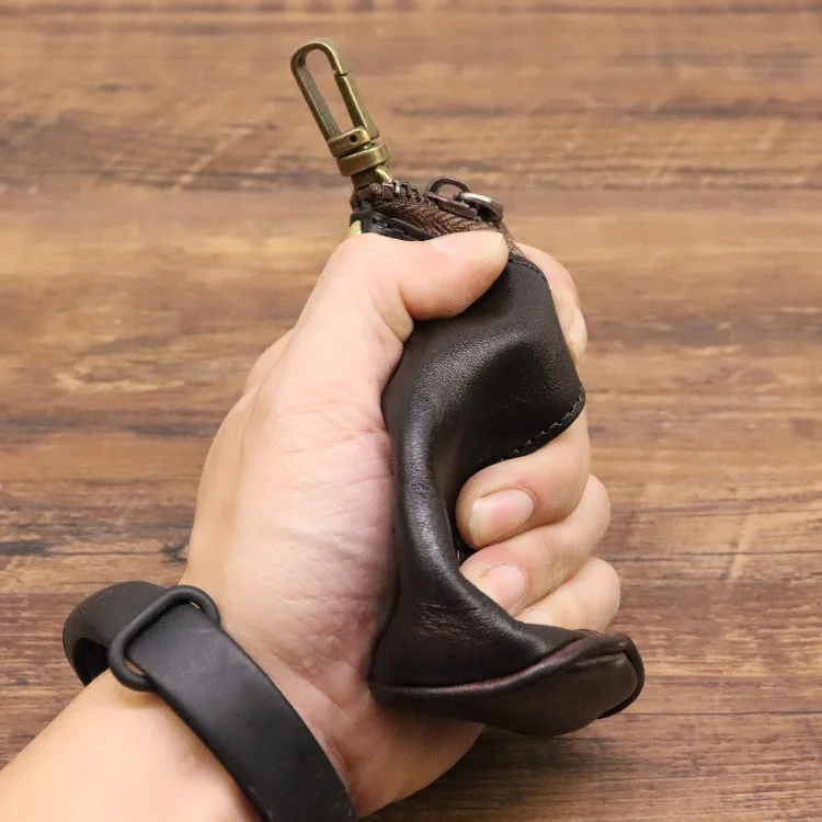Genuine Leather Large Key Holder Bag Men Women Zipper Coin Purse Barrel-Shaped Car Key Case Cow Leather Key Pouch Wallet