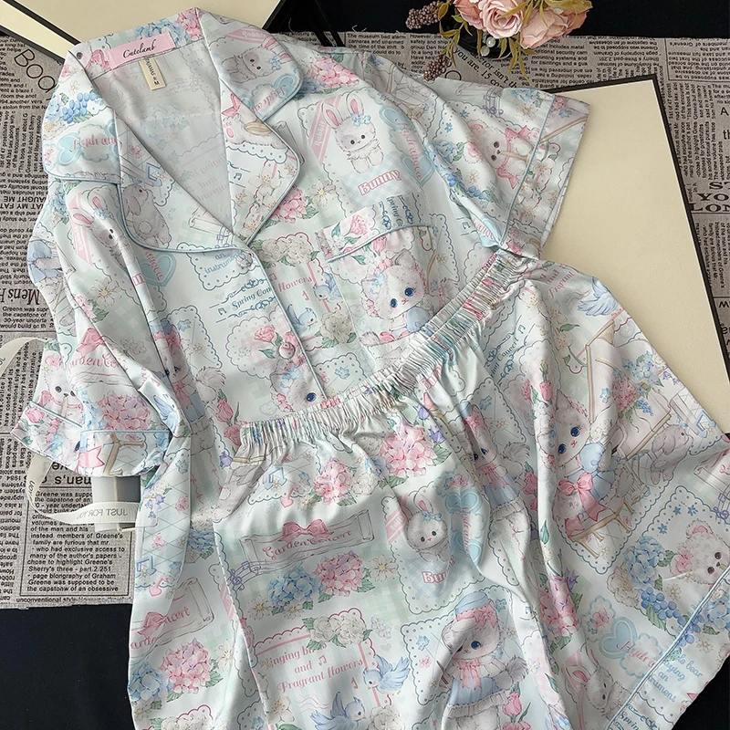 2025 New Summer Casual Loose Cute Cat Short-sleeved Shorts Ice Silk Pajamas Sweet Girl Doll Loungewear Two-piece Set