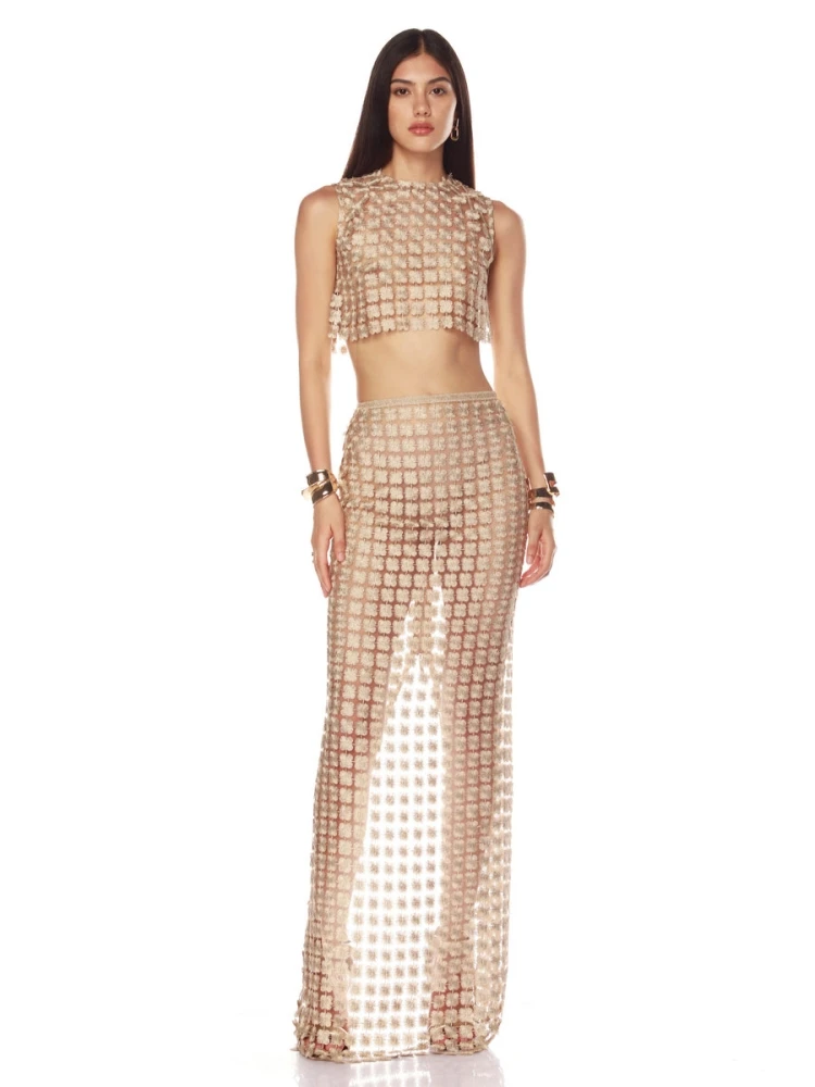 

Women Champagne Hollow out Two Piece Set Sexy Sleeveless Short Top + Slim Long Skirt See Through Suits Party Evening Sets