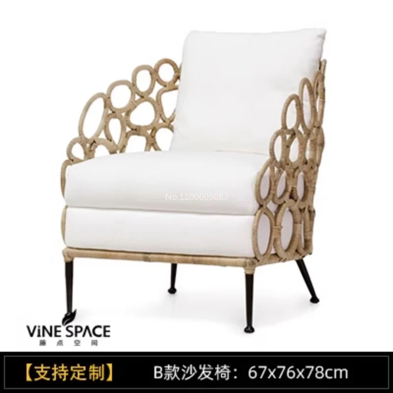 Aangepaste Outdoor Balkon Verkoop Afdeling Model Kamer Chinese Stijl Nordic Hotel Single Sofa Rotan Stoel Patio Meubilair