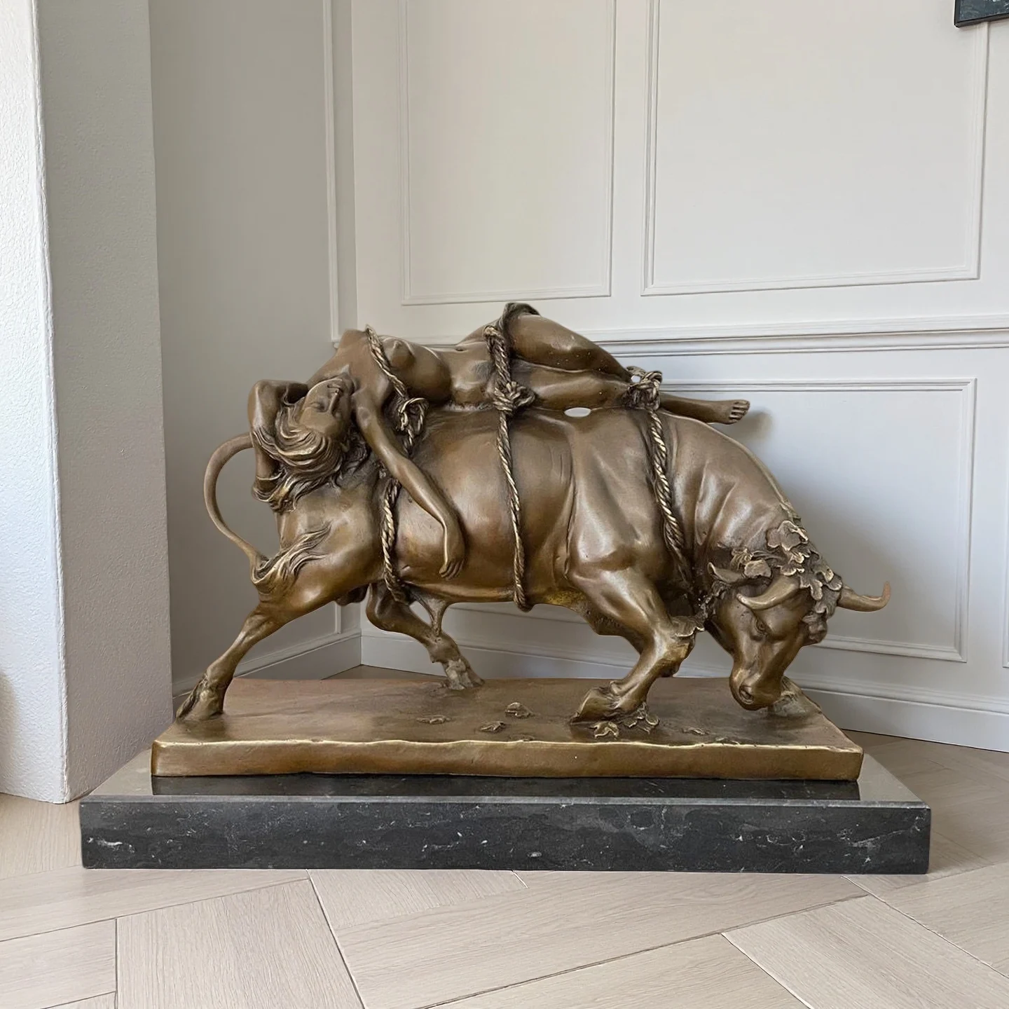 Antique Bronze Europa and the Bull Sculpture Classical Mythological Statue on Marble Base Art for Home Decor 20kg